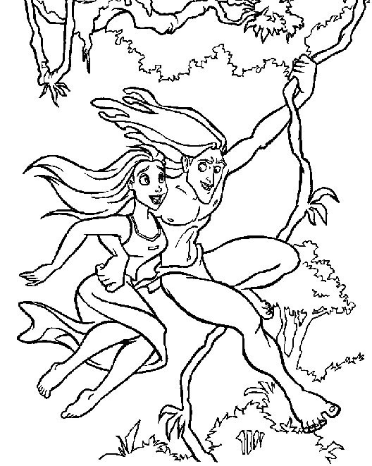 coloriage tarzan et jane sur une liane